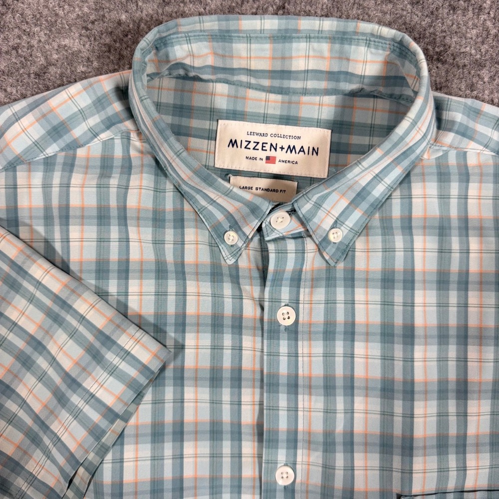 Mizzen + Main Shirt Leeward Plaid Men L Blue Stretch Made in USA Performance EUC